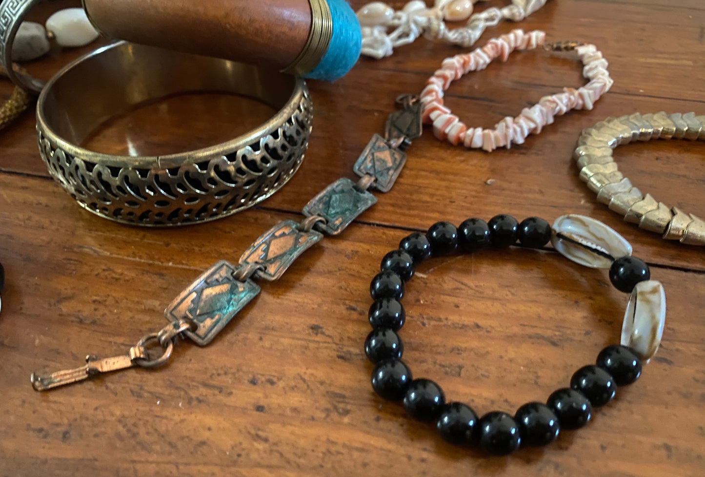 Vintage to Now Jewelry Lot Wood Brass Shell Earth Tones Copper