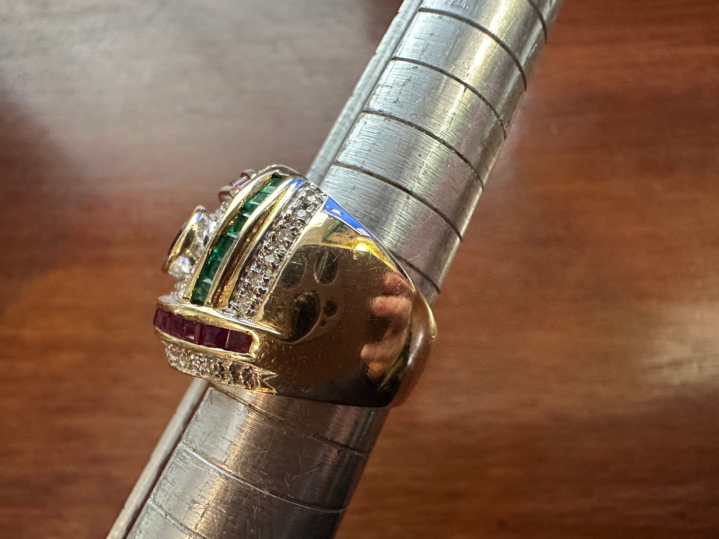 Vintage 14k Yellow Gold Sapphire Ruby Emerald Diamond Signet Ring Sz 5.25