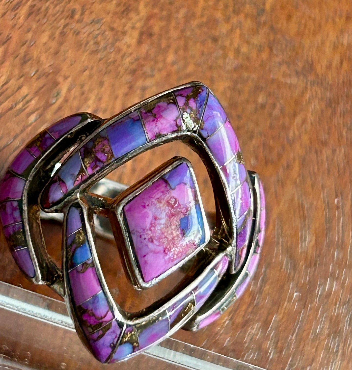 Sterling Silver 925 Purple Turquoise Inlay Modern Large Ring Sz 8.75 - 9