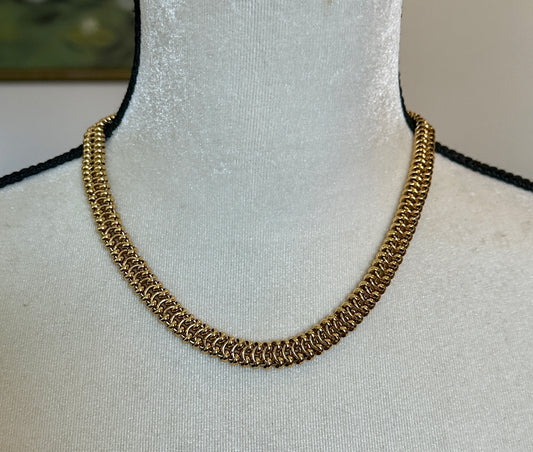 Vintage Signed Monet Gold Tone Fancy Chain Link Wide Flat Collar Necklace