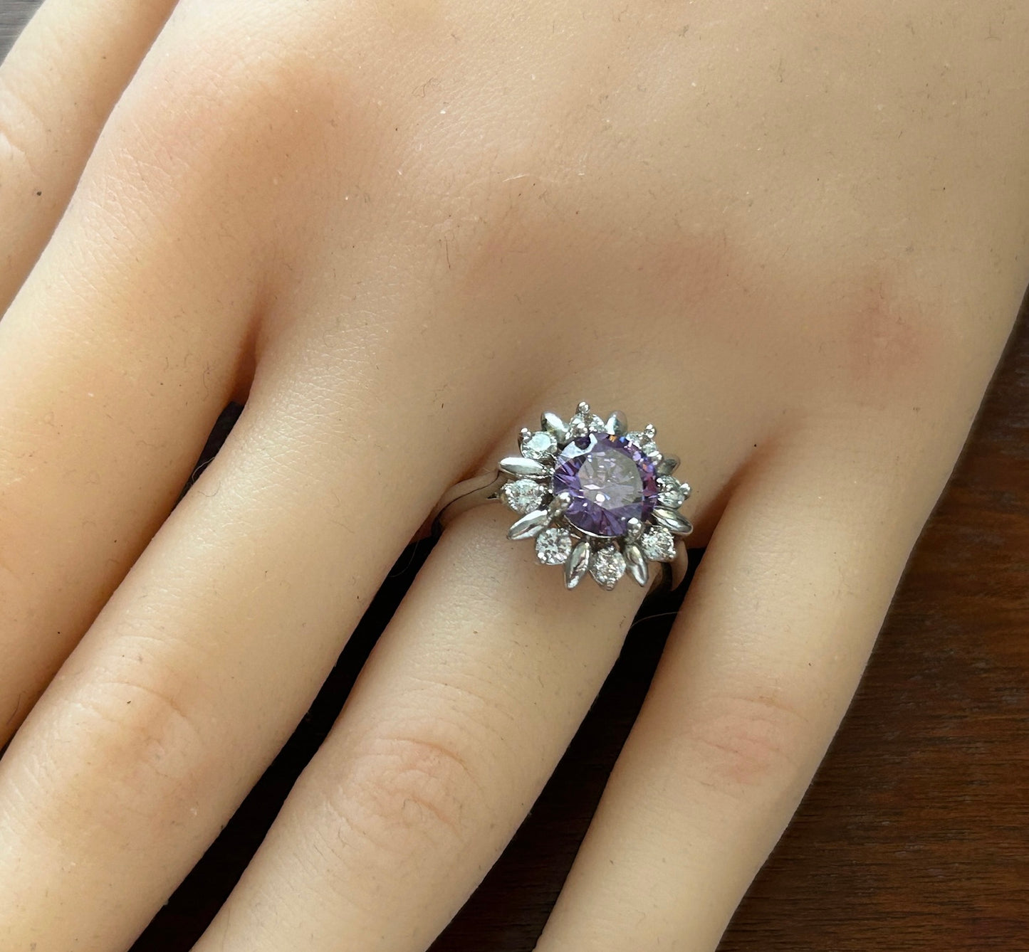 Silver Tone Purple White Rhinestone CZ Cluster Cocktail Fashion Ring S 6.75