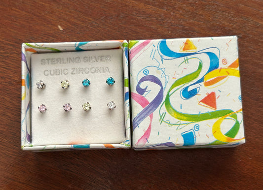 Sterling Silver 925 Multicolor Pastel CZ Tiny Stud Earrings Earring Set