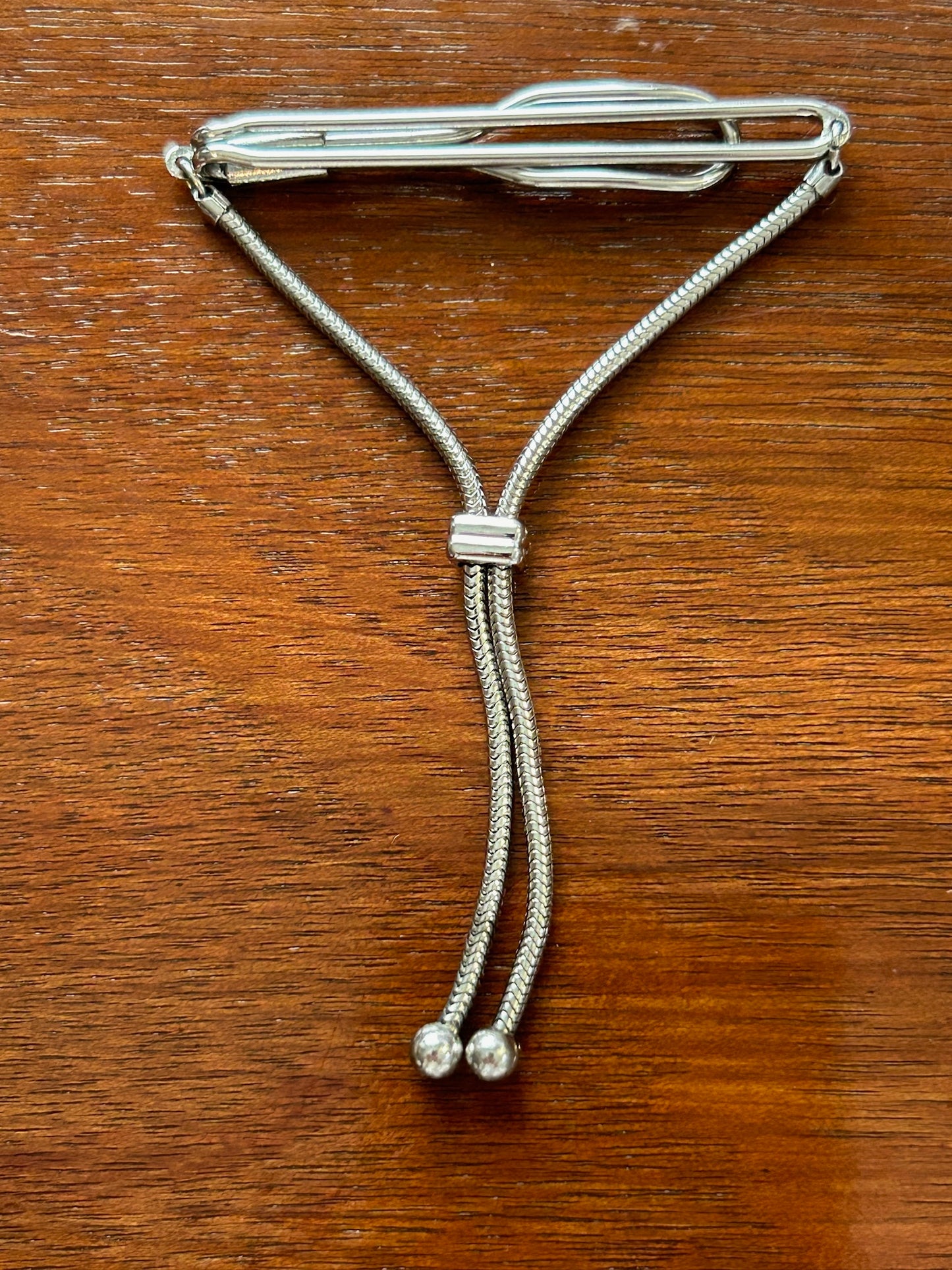 Vintage Midcentury MCM Swank Silver Tone Tie Bar Clip with Chain Tassel
