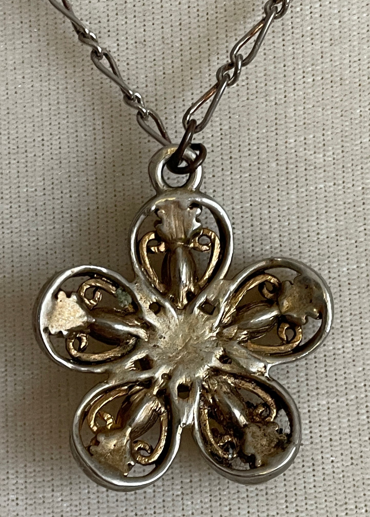 Vintage Silver Tone Faux Turquoise & Rhinestone Flower Pendant Necklace