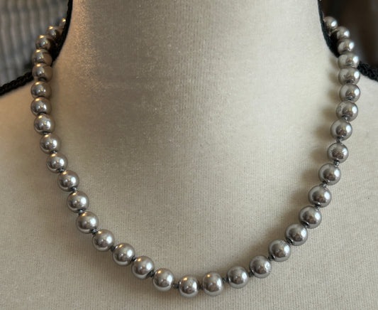 Vintage Gray Grey Silver Tone Single Strand Faux Pearl Necklace Hand Knotted