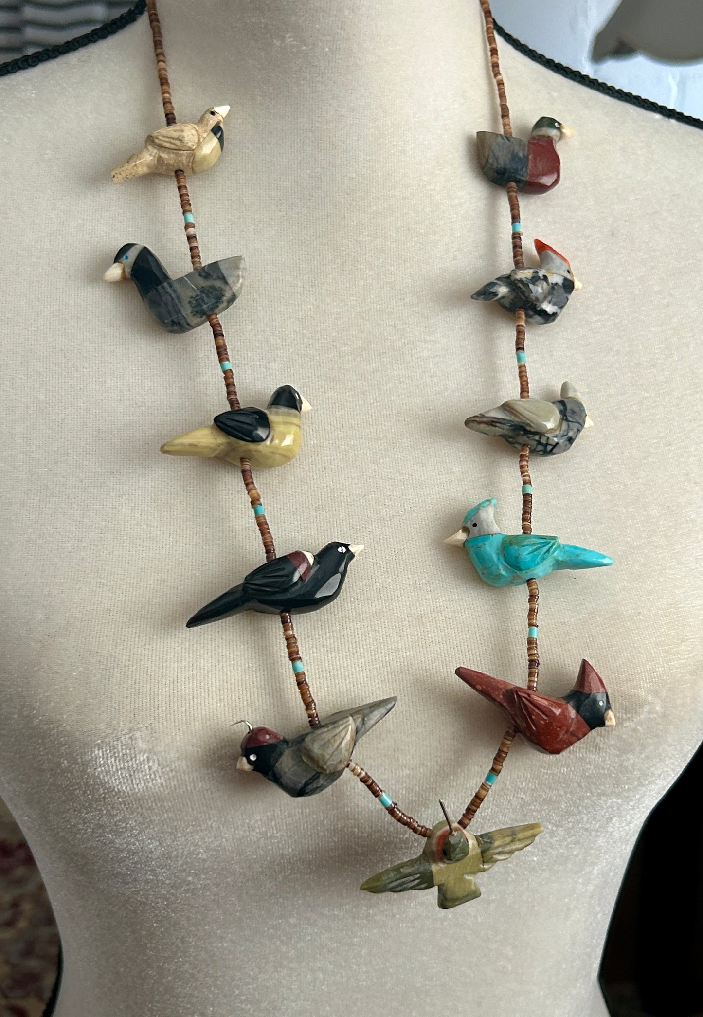 Sterling Silver Heishi Carved Bird Fetish Necklace 11 Birds Turquoise Mixed