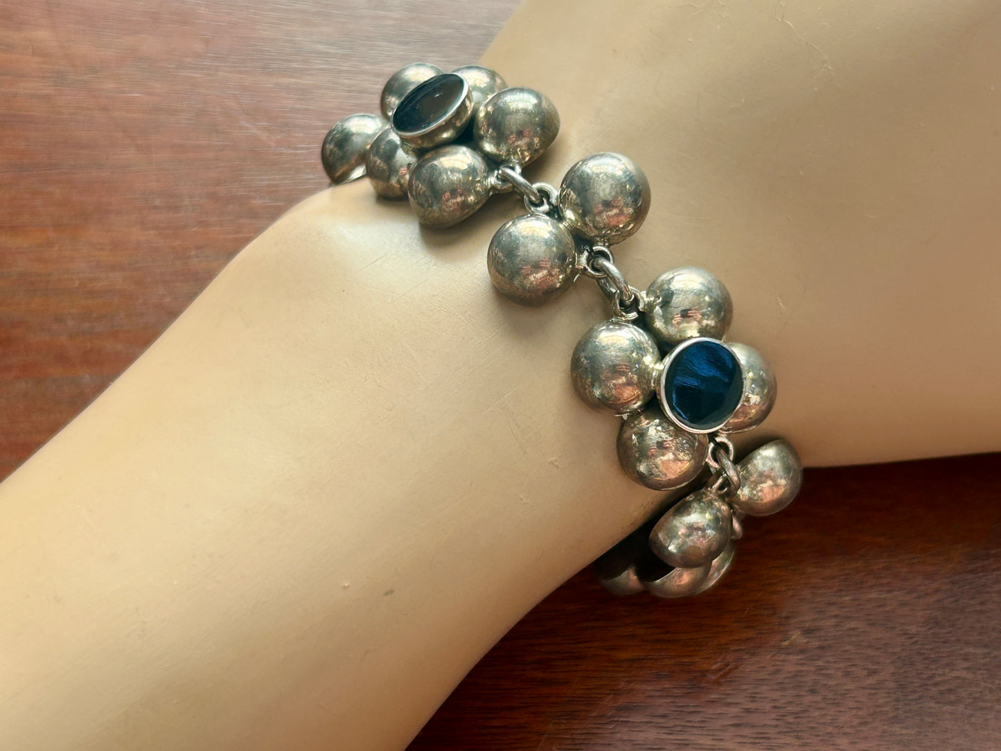 Vintage Sterling Silver 925 Taxco TM-21 Puffy Link Onxy Bracelet