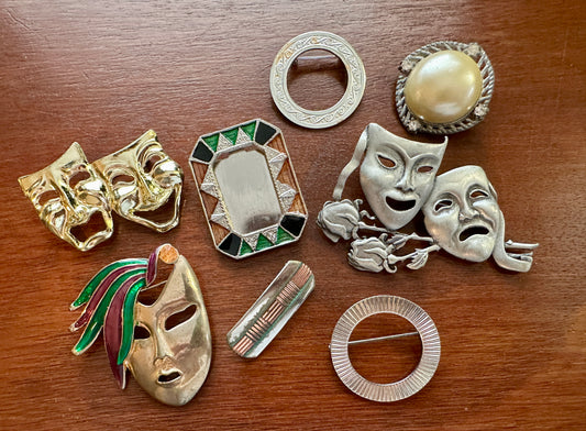 Vintage Art Deco Style Brooch Pin Lot Mask Theater Enamel Frame Silver Copper