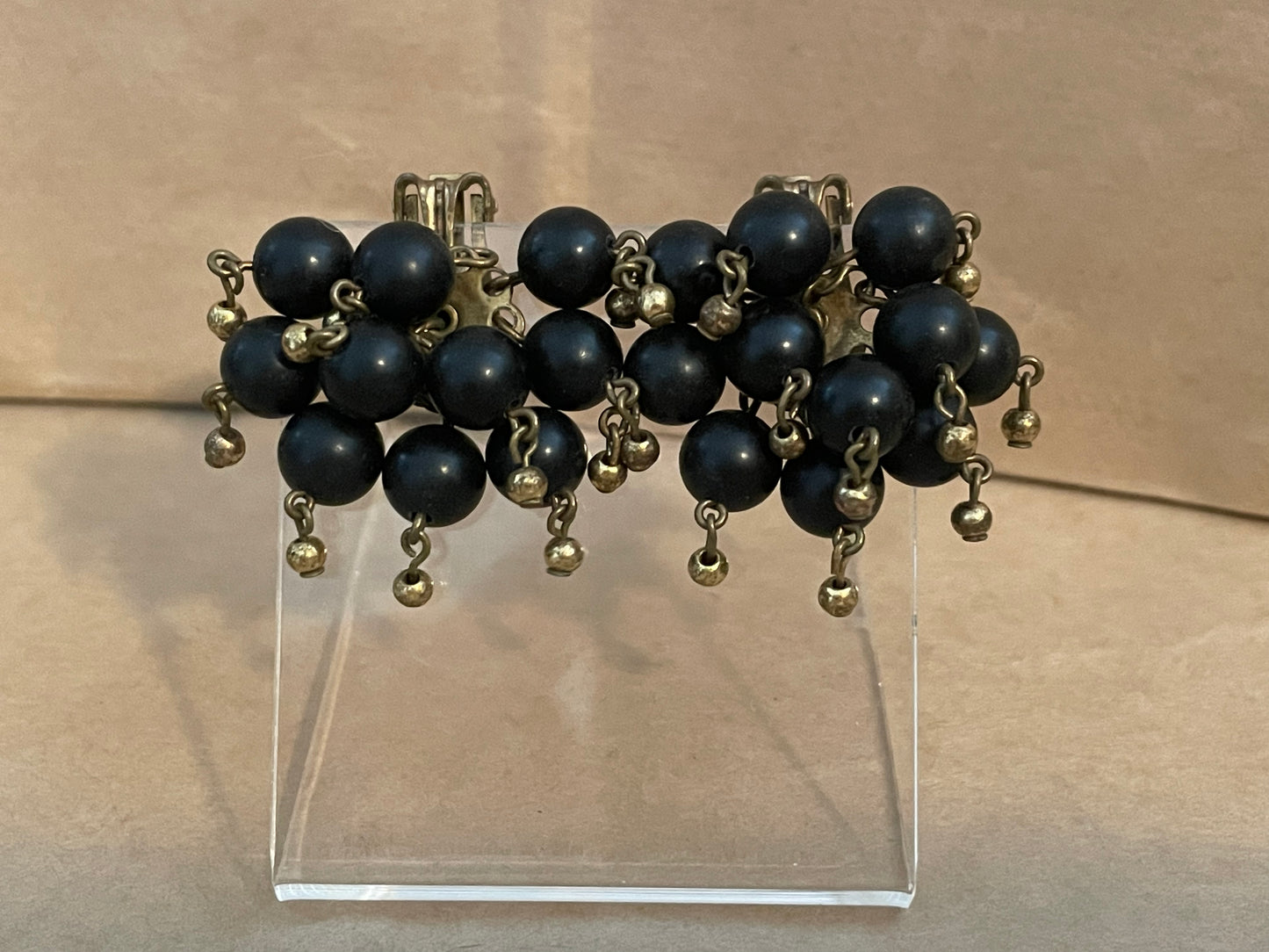 Vintage Black Bead Cluster Clip on Earrings