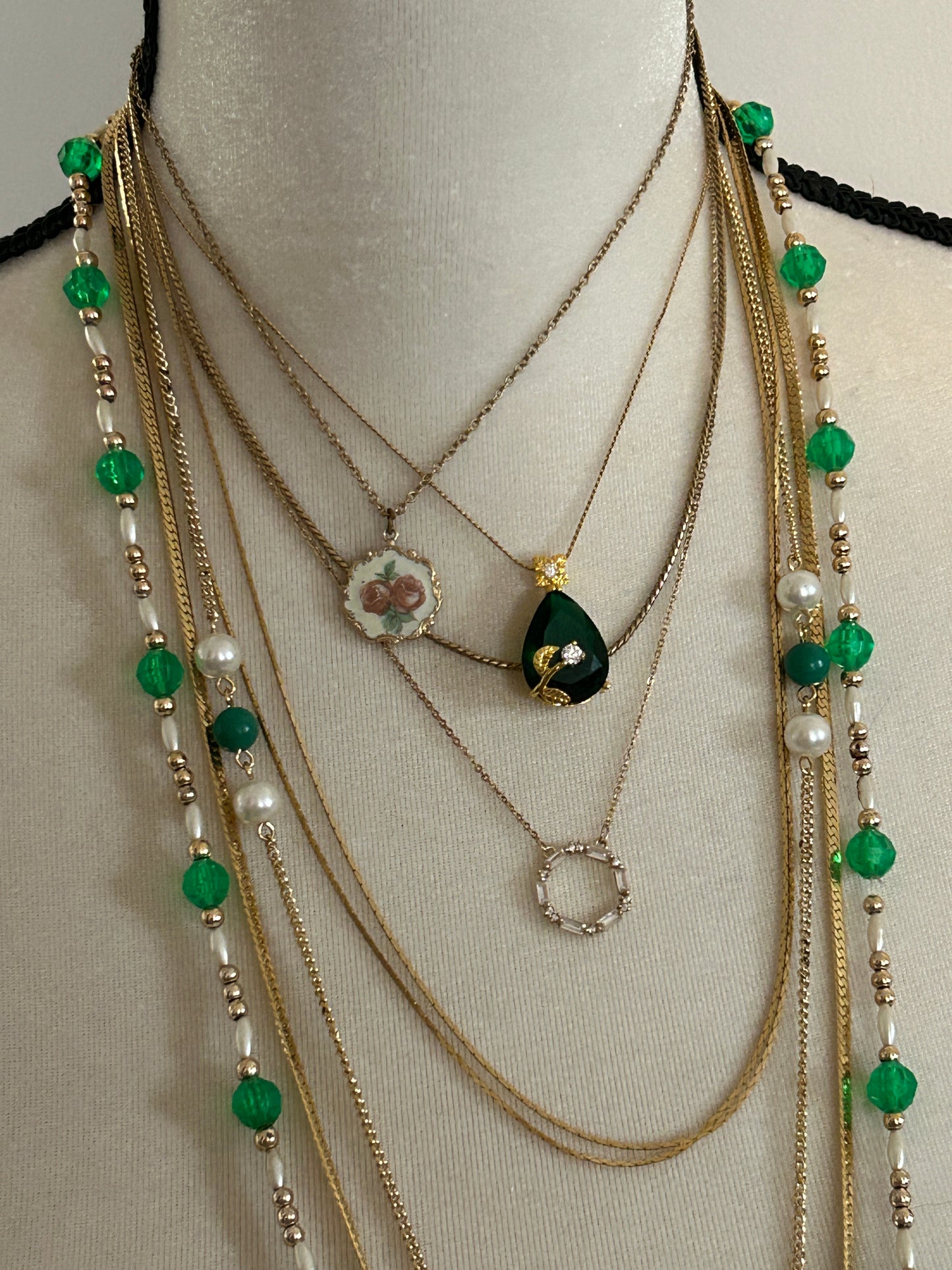 Vintage to Now Lot of Gold Tone Chain Green Bead Stone Necklaces