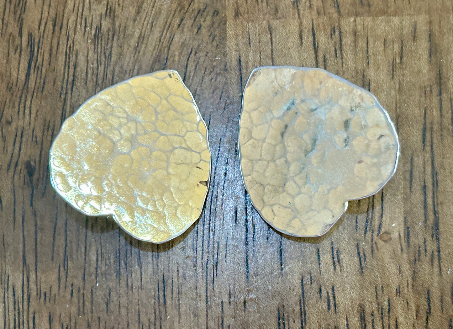 Vintage Large Gold Tone Hammered Clip On Heart Shaped Earrings