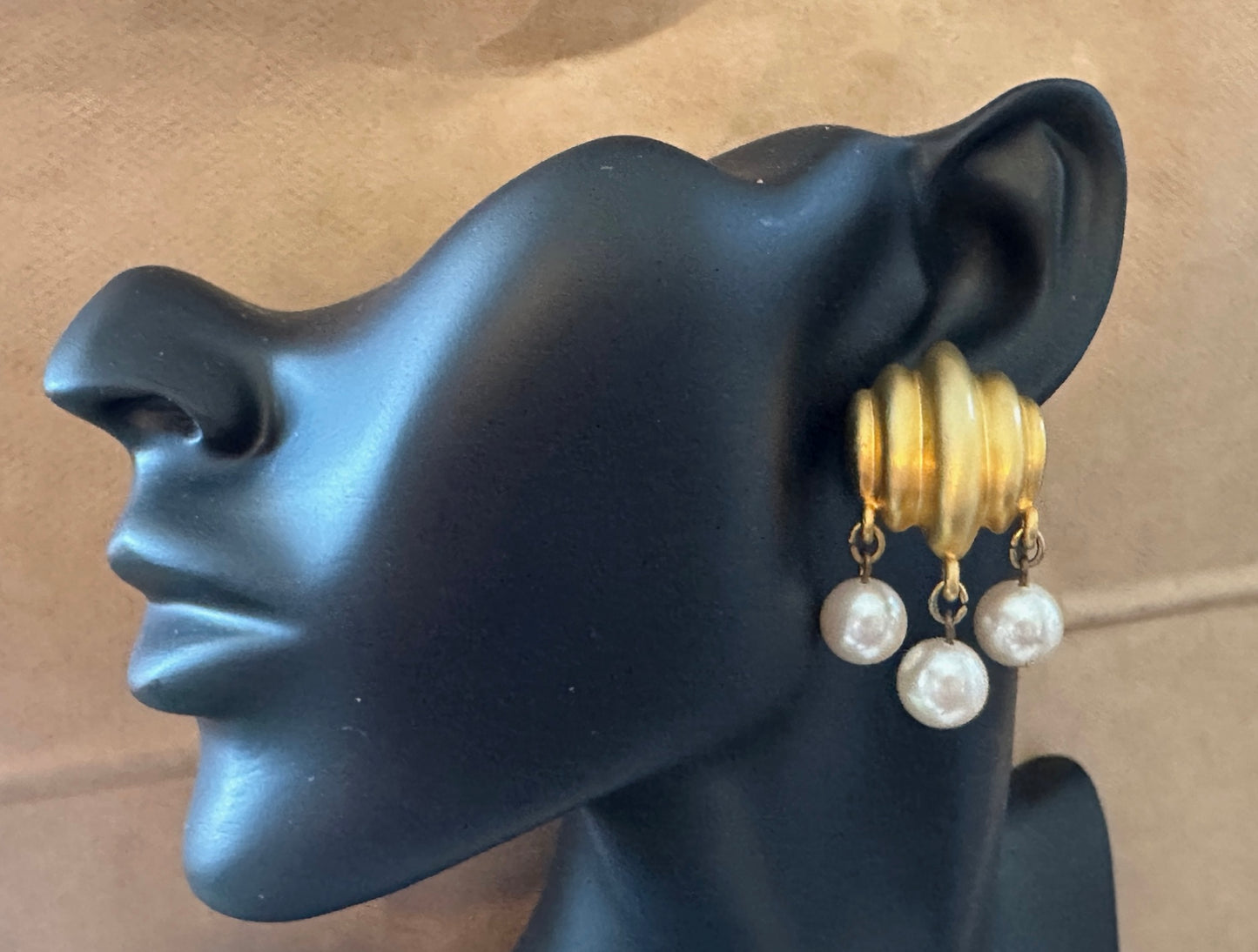 Vintage 80s Unsigned Matte Gold Tone Faux Pearl Runway Pierced Earrings Large