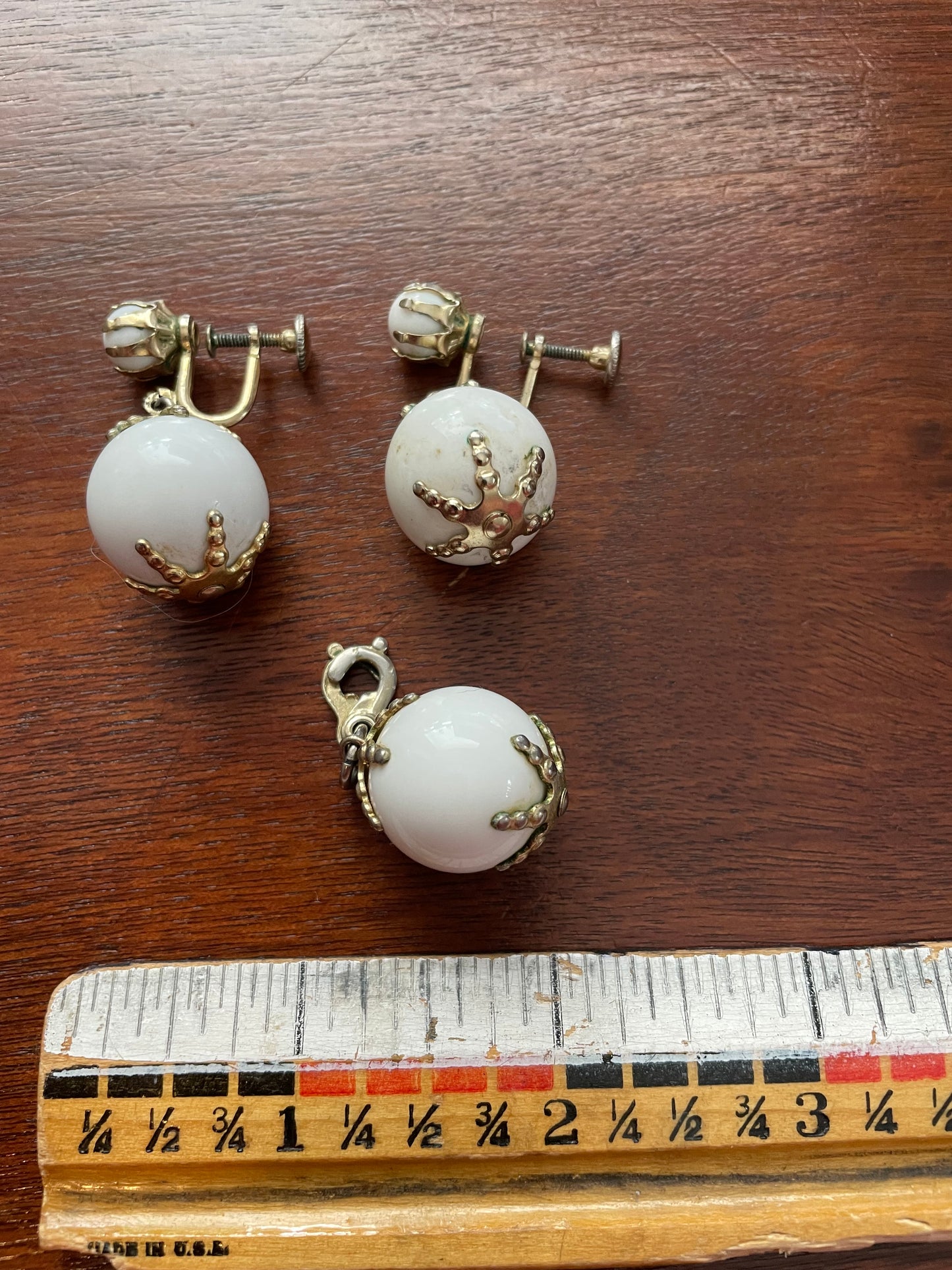 Vintage White & Gold Tone Orb Dangle Earrings & Charm Screw Back