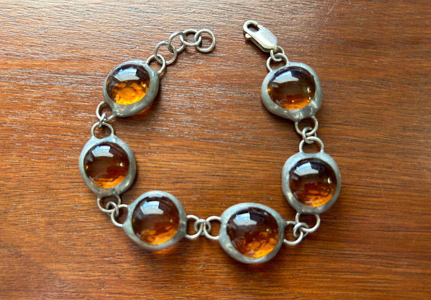 Vintage Sterling Silver 925 Gripoix Poured Amber Colored Glass Bracelet