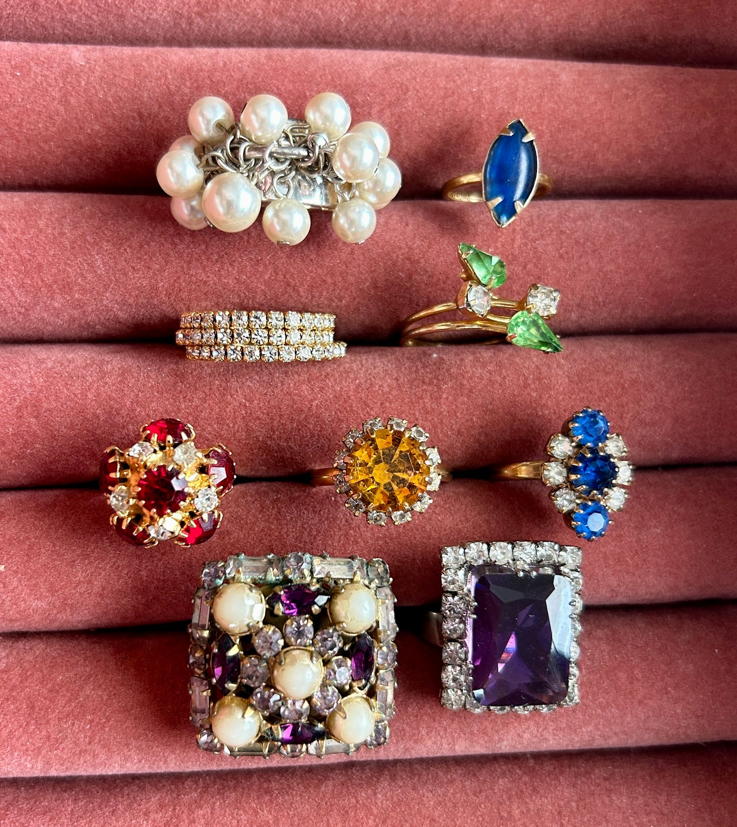 Vintage Rhinestone Cocktail Ring Costume Lot Faux Pearl