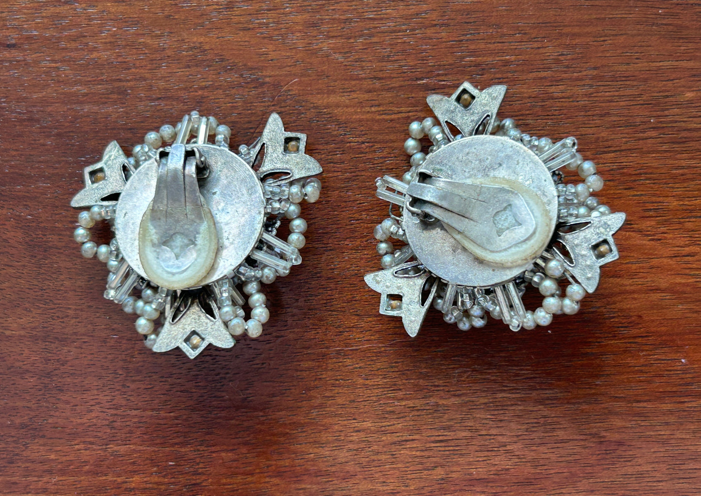 Vintage Rhinestone Beaded Silver Grey Over Sized Clip On Earrings