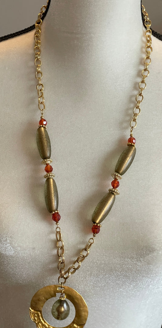 Vintage Gold Tone Necklace Large Pendant Circle Red & Gold Beads