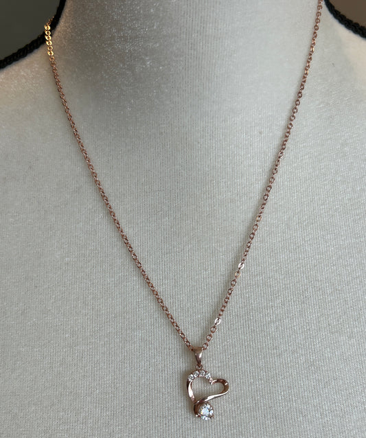 Rose Gold Tone Necklace Marked CN Heart Pendant With Clear Stone Accents