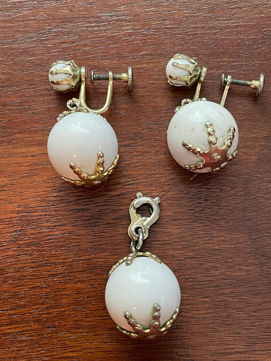 Vintage White & Gold Tone Orb Dangle Earrings & Charm Screw Back