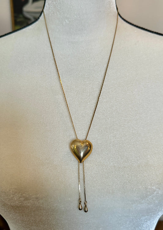 Vintage Gold Tone Puffy Heart Lariat Style Adjustable Necklace