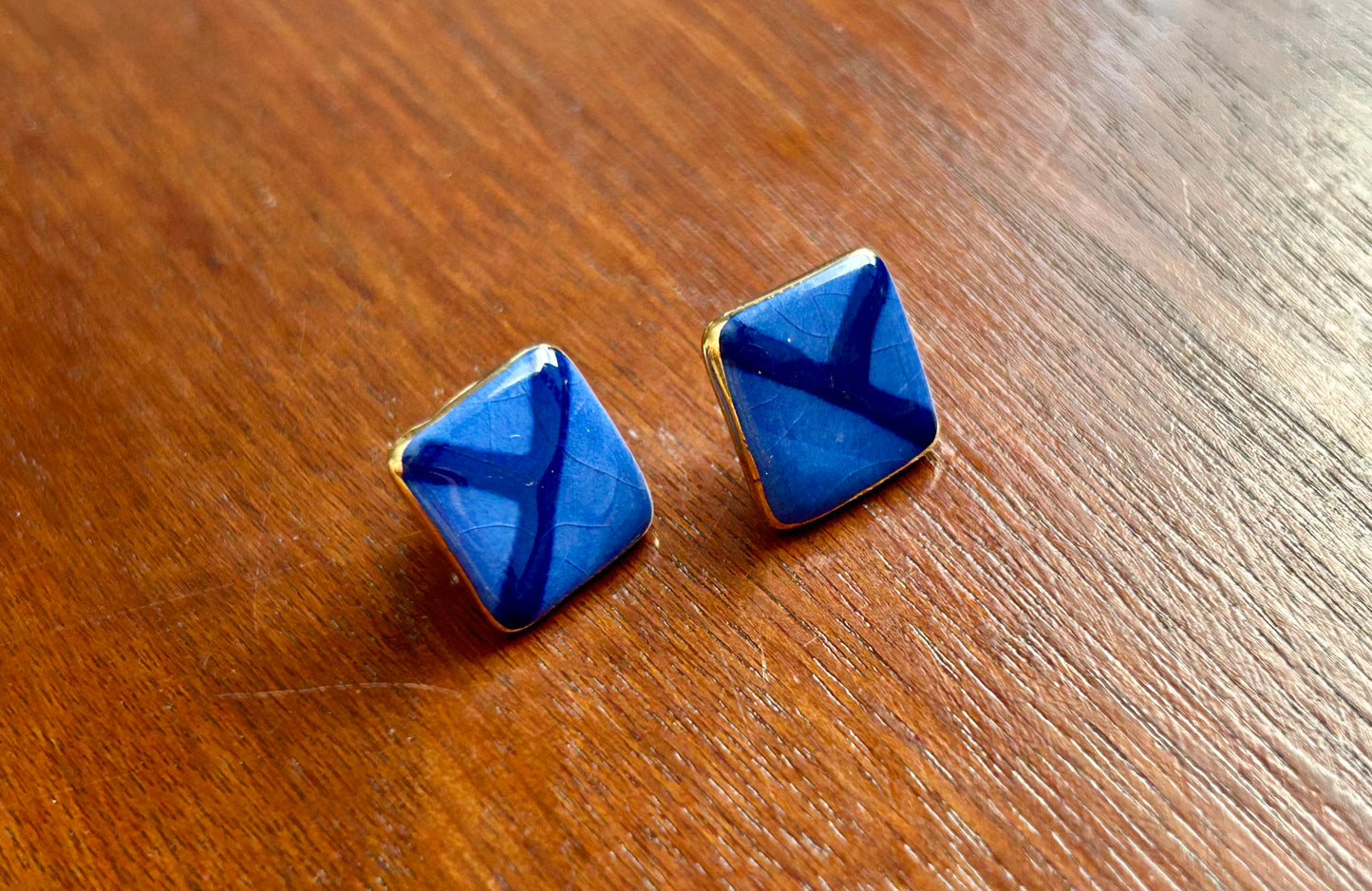 Vintage Ceramic Denim Blue Gold Glaze Pierced Square Earrings