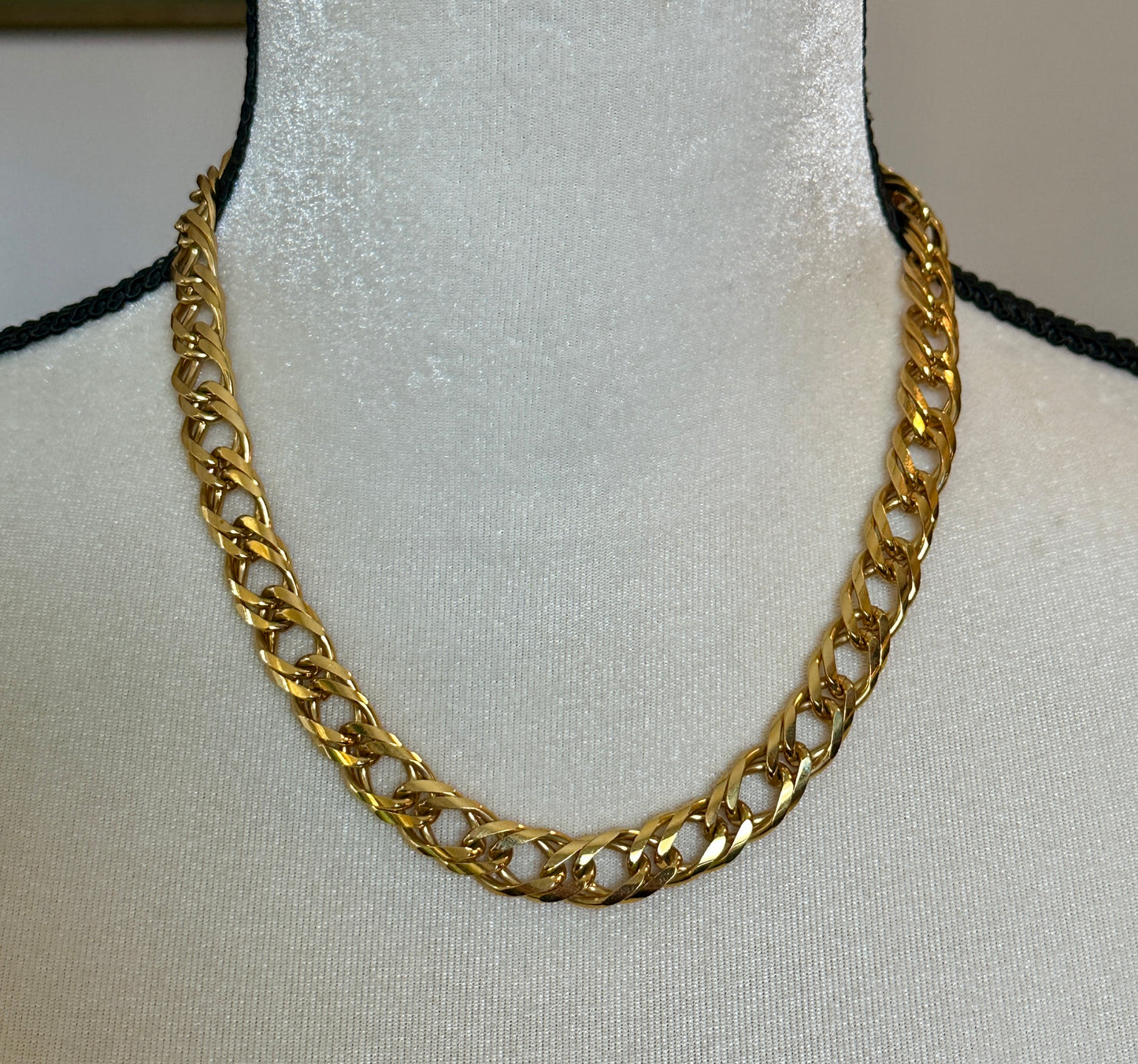 Vintage Gold Tone Double Link Wide Flat Chain Link Necklace 18" Long x 10mm Wide