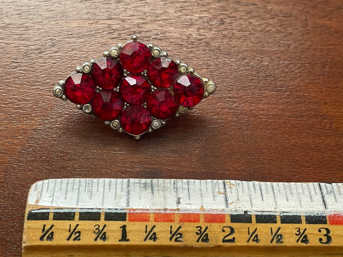 Vintage Silver Tone & Red Faceted Rhinestone Brooch Lapel Pin