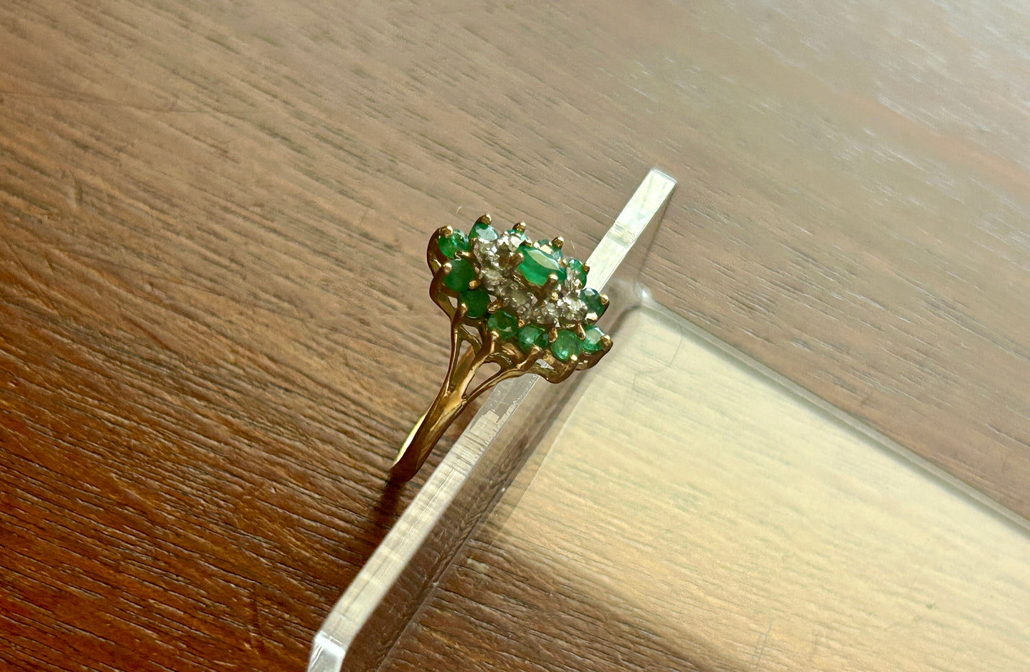 10k Yellow Gold Marquise Natural Diamond Emerald Cluster Cocktail Ring Sz 7.25