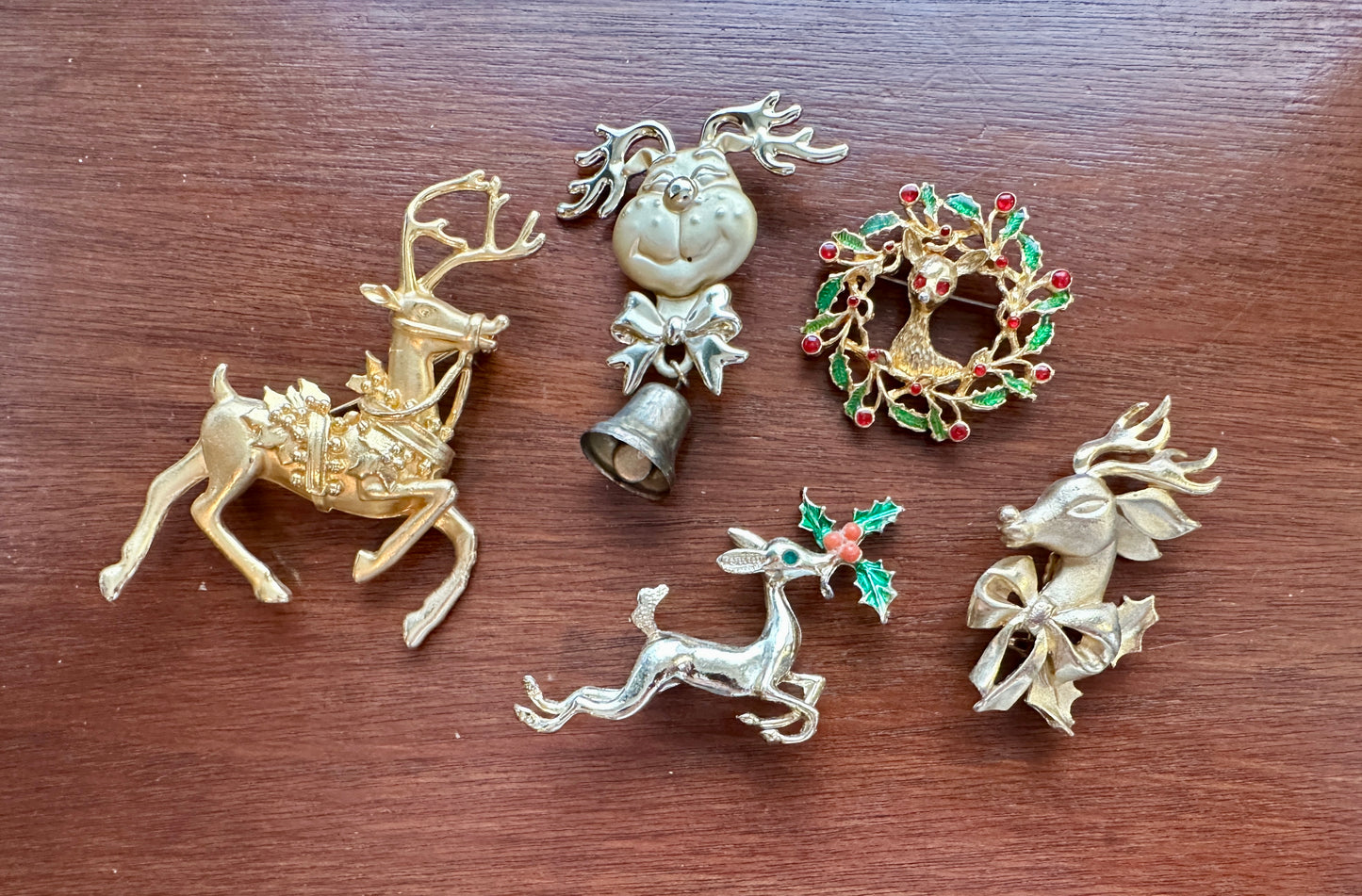 Vintage to Now Brooch Lot Reindeer Deer Wreath Candles Bells Rhinestone Enamel