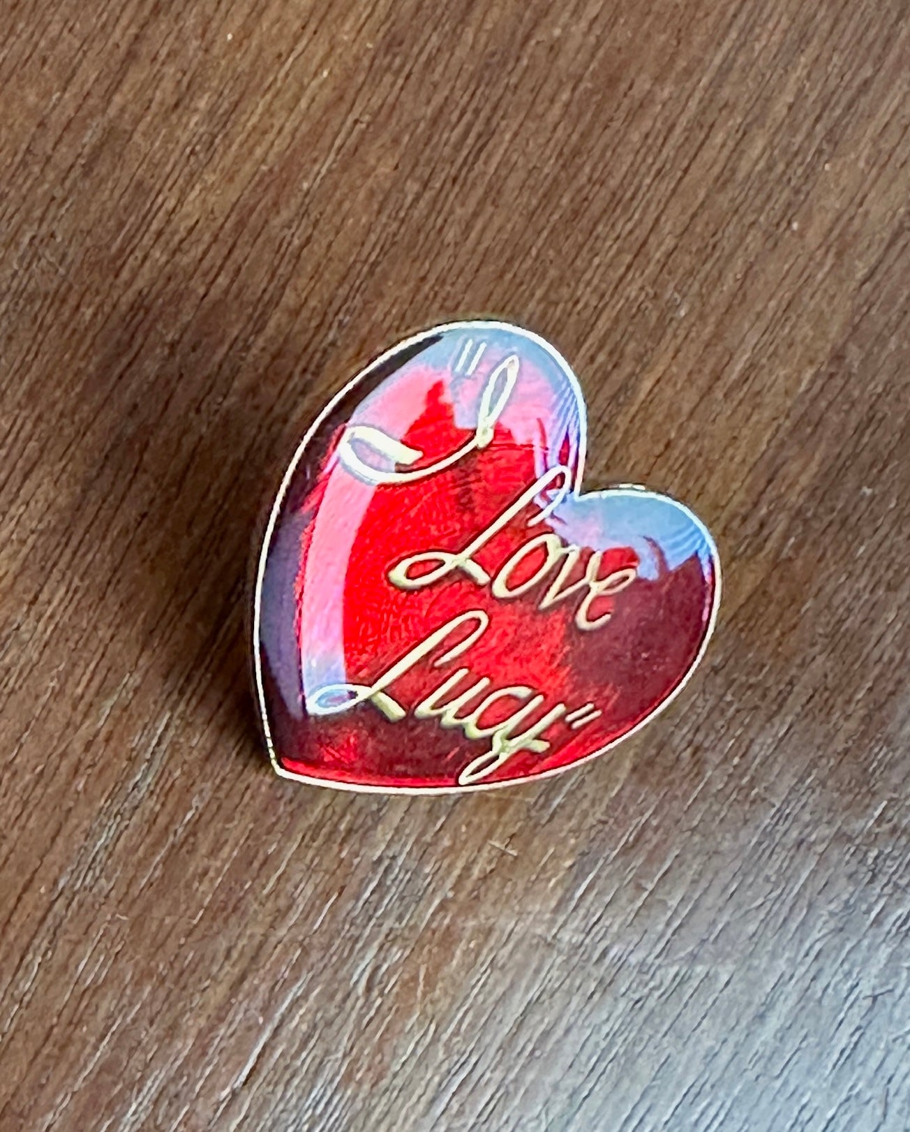 Vintage Gold Tone Red Enamel I Love Lucy Heart Shaped Lapel Pin Pinback TV Show