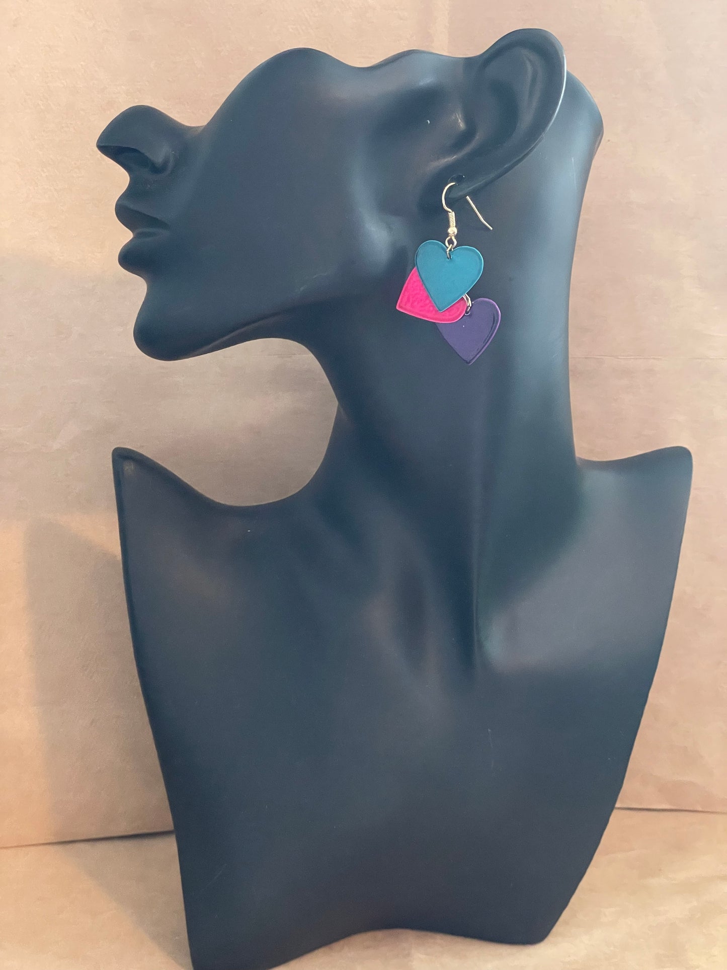 Gold Tone French Wire Multicolor Heart Blue Pink Dangly Drop Earrings