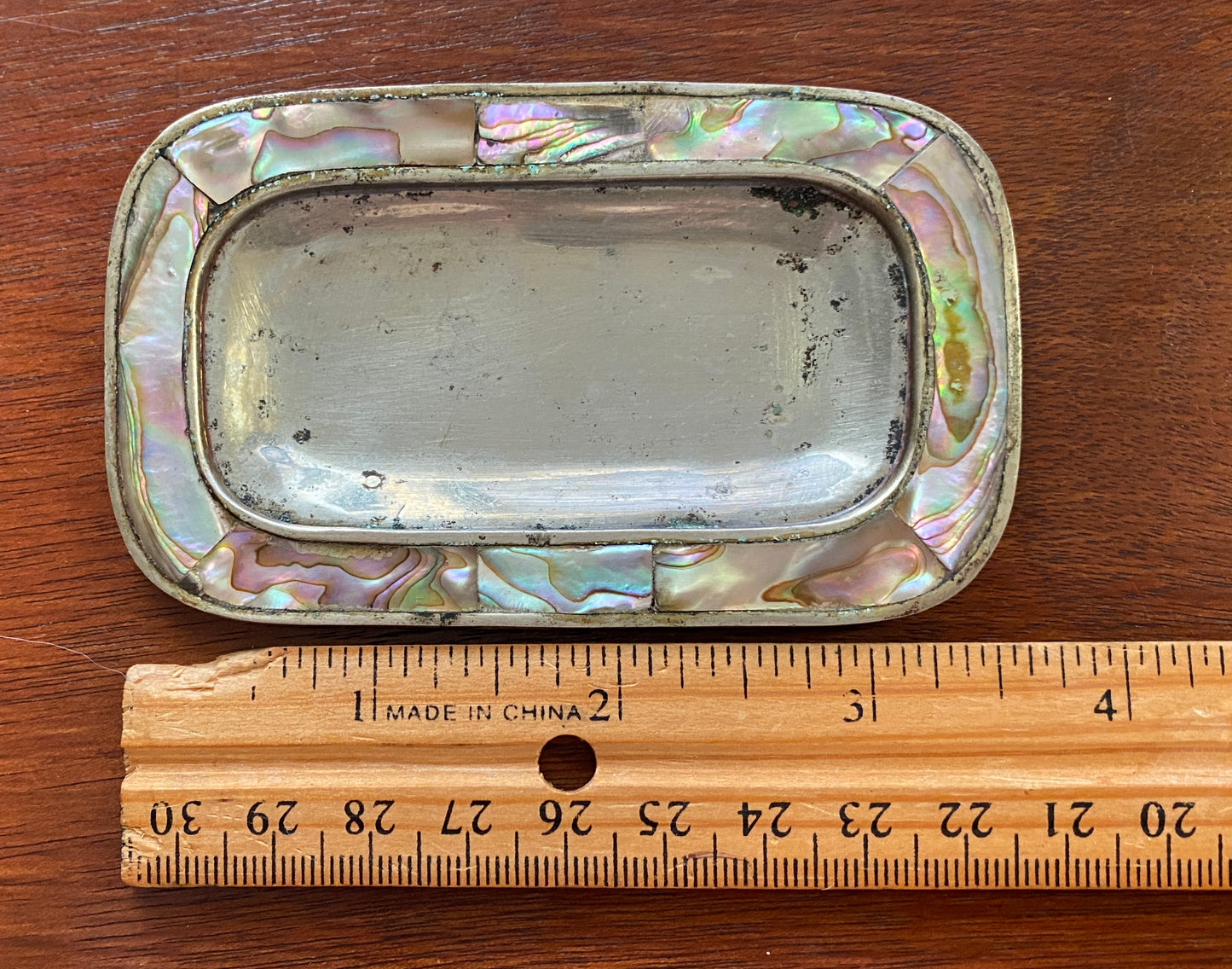 Vintage Silver Tone Metal Abalone Inlay Trinket Jewelry Tray