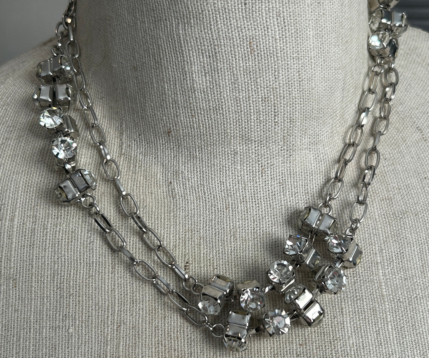 Vintage Silver Tone Chain Necklace Long Clear Rhinestones