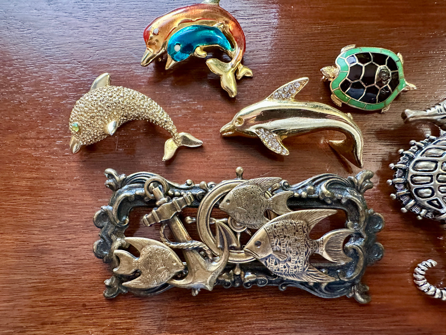 Vintage to Now Ocean Theme Brooch Pin Lot Dolphins Whale Turtle Seahorse Enamel