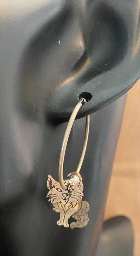 Sterling Silver 925 Cat Charm Dangly Hoop Pierced Earrings