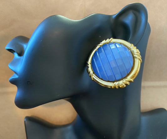 Vintage Gold Silver Tone Faceted Blue Pierced Earrings