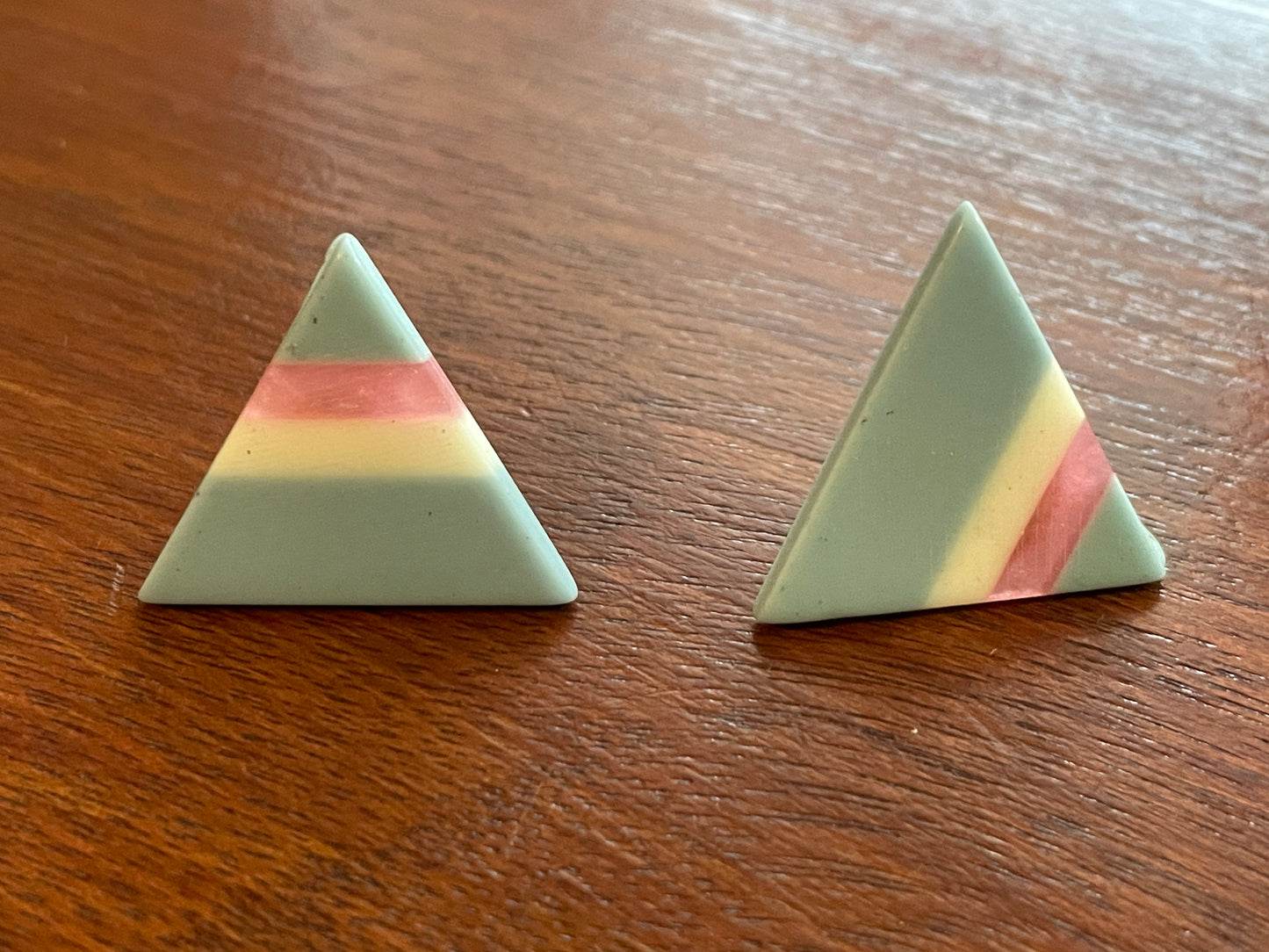 Vintage 80's Acrylic Color Blocked Triangular Earrings Blue Pink & White