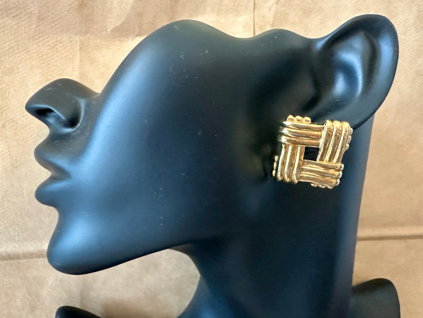 Vintage Gold Tone Square Basket Weave Pierced Large Earrings