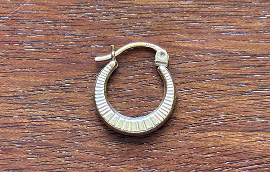 14k Yellow Gold Single Small Hoop Earrings Textured Striped