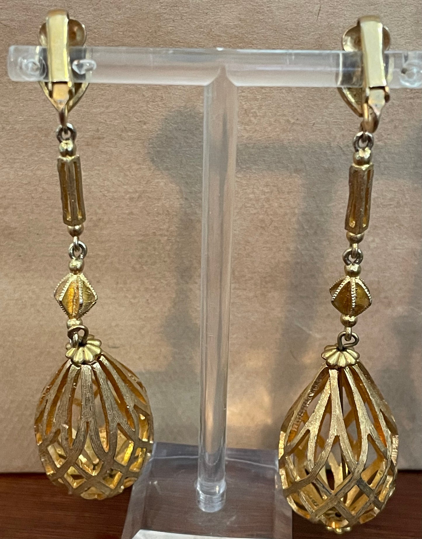 Vintage Gold Tone Textured Drop Dangly Cage Clip on Earrings