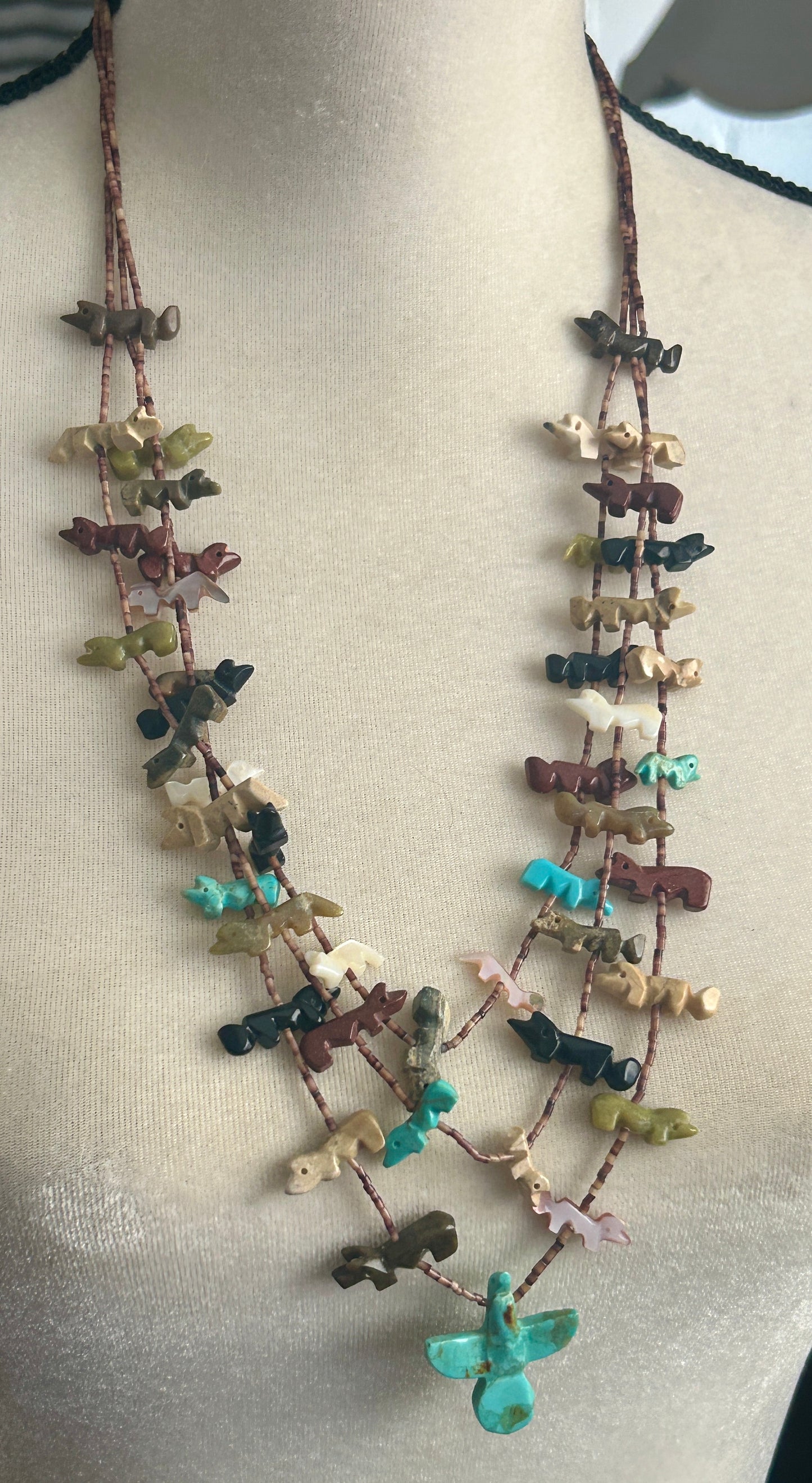 3 Strand Heishi Fetish Necklace Turquoise Carved Animals Bird Jasper Onyx