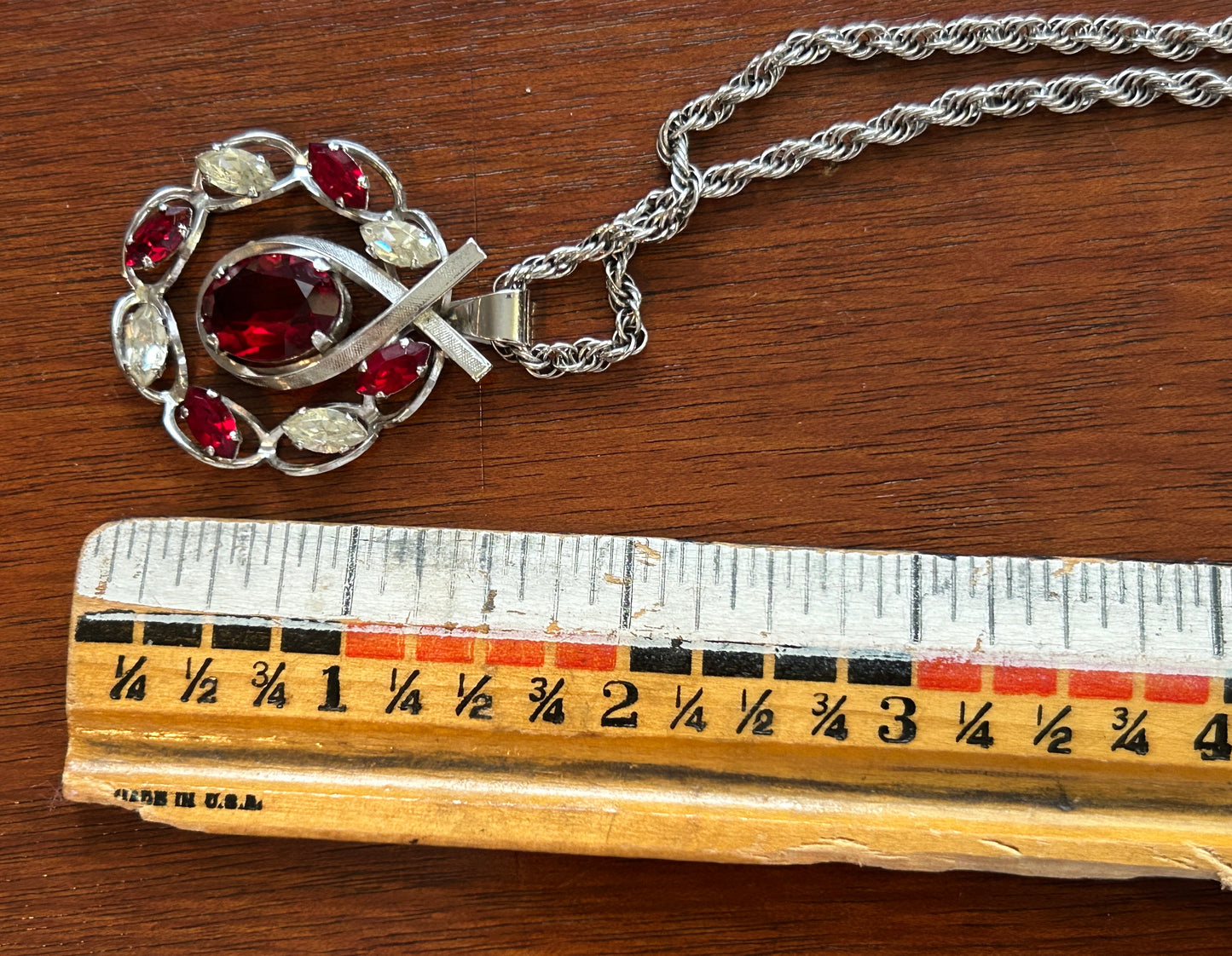 Vintage Van Dell Sterling Silver 925 Pear Marquise Red Rhinestone Pendant Necklace