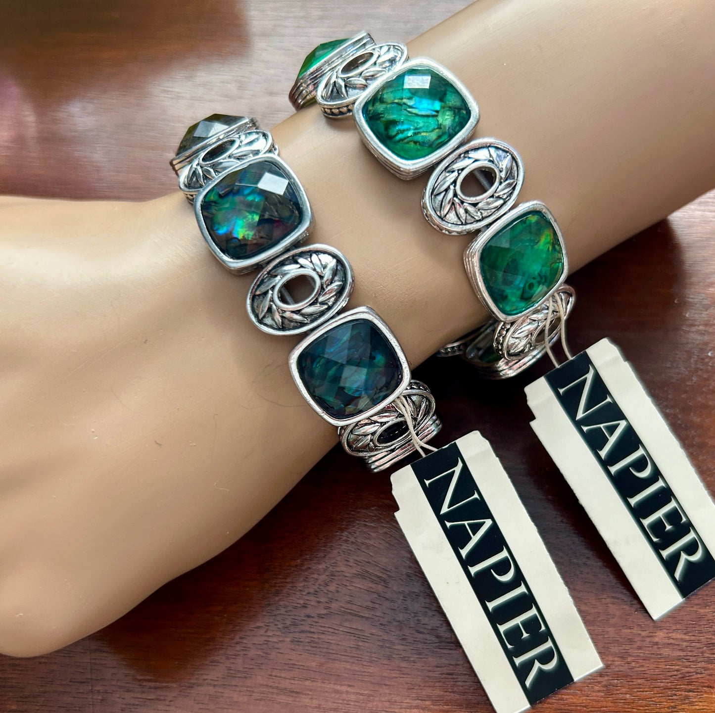 Set 2 Napier Silver Tone Stretch Bracelets Faceted Blue Green Faux Labradorite