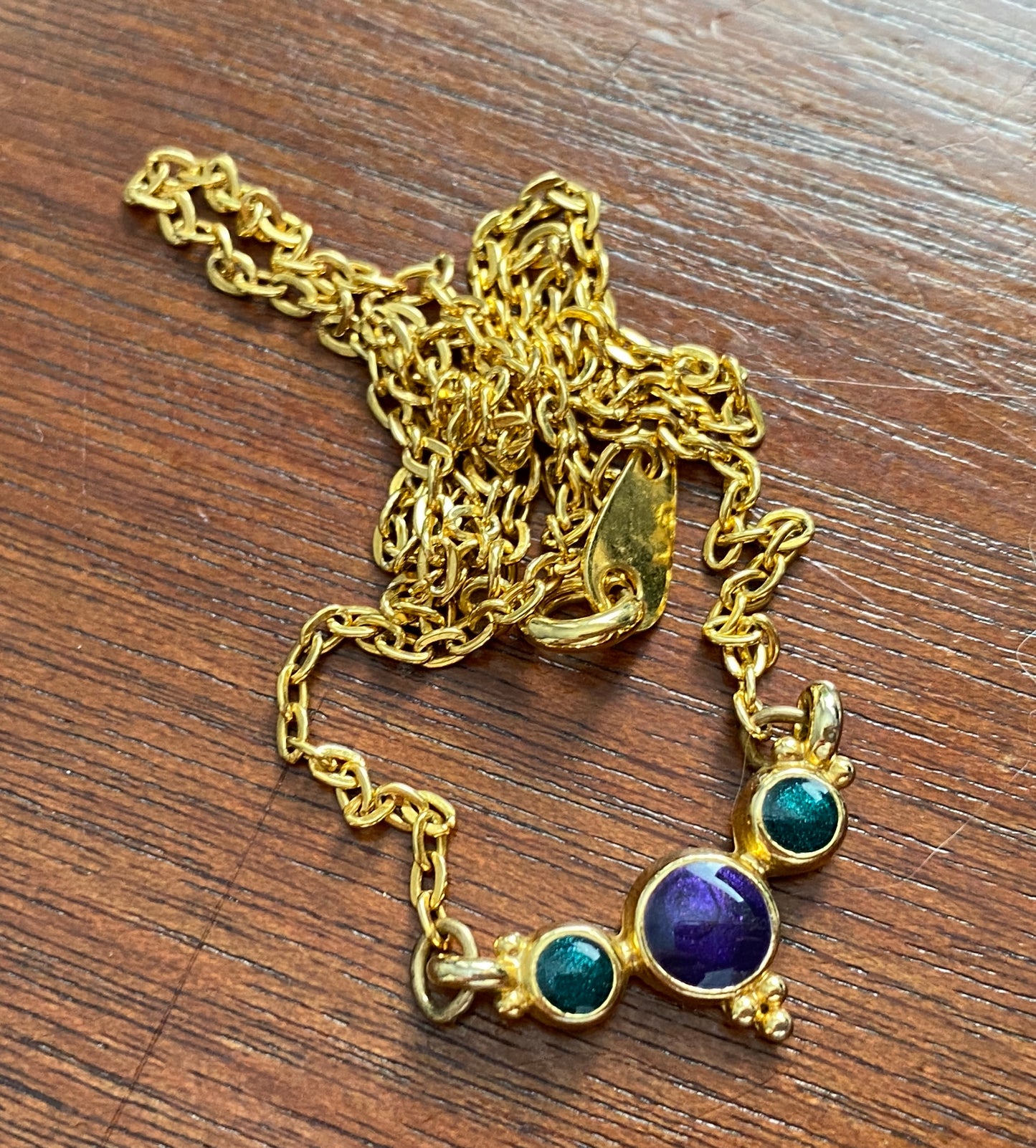 Gold Tone Chain Necklace Green Blue Enamel