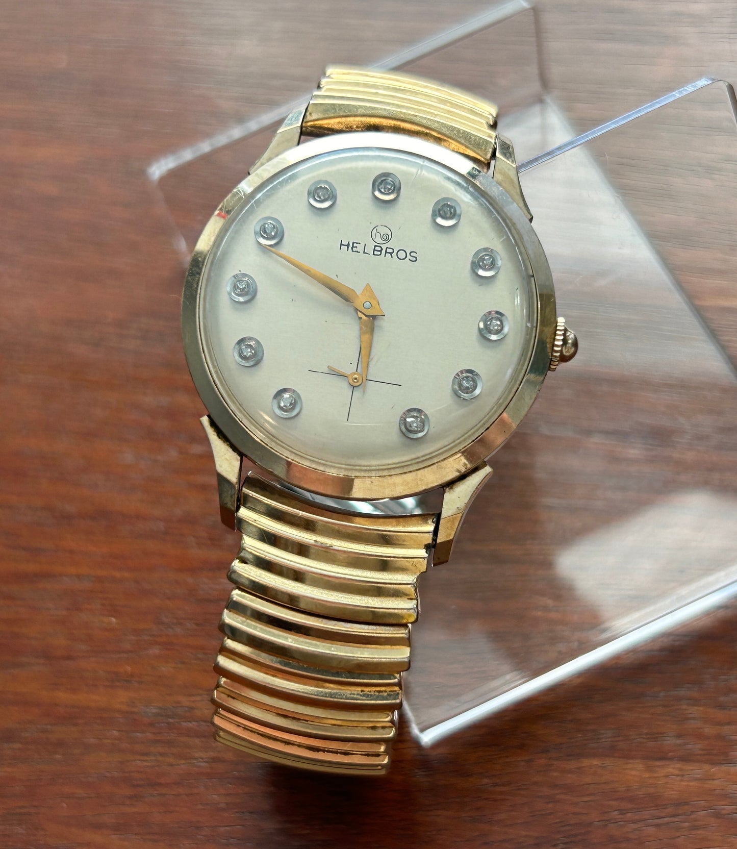 Vtg 10k Yellow Gold Filled Diamond Helbros Women's Wristwatch Stretch Band