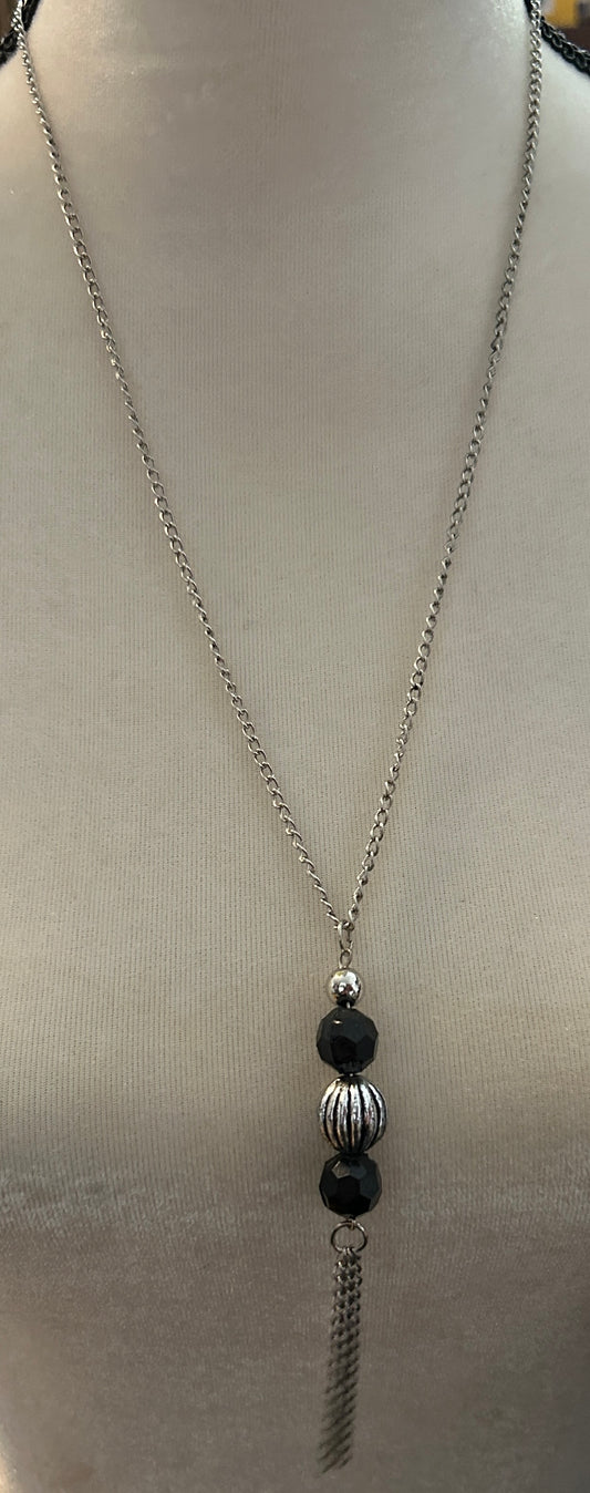 Vintage Silver Tone Black & Silver Tone Bead & Tassel Necklace