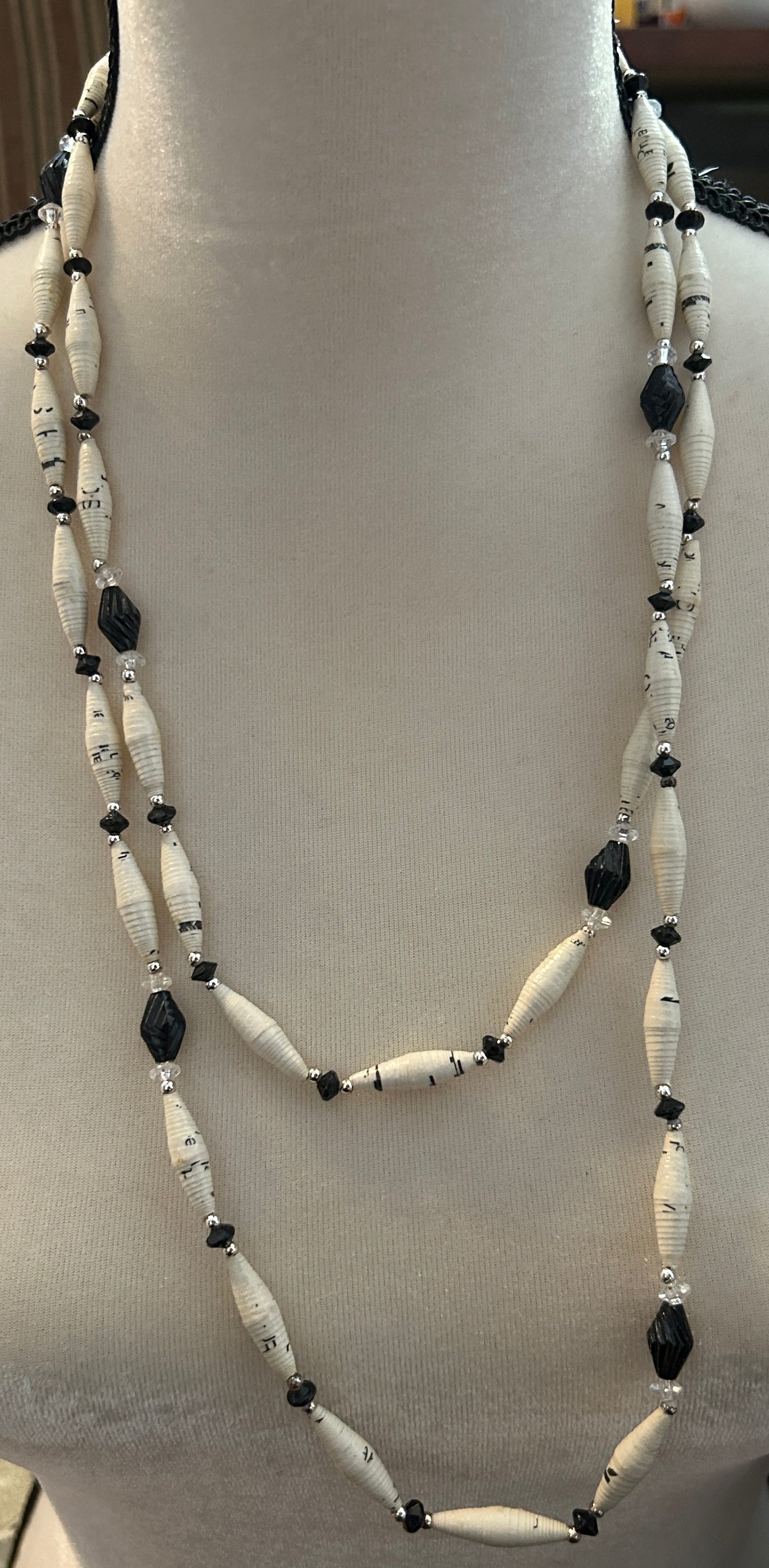 Vintage Black & White Paper Mache Opera Necklace