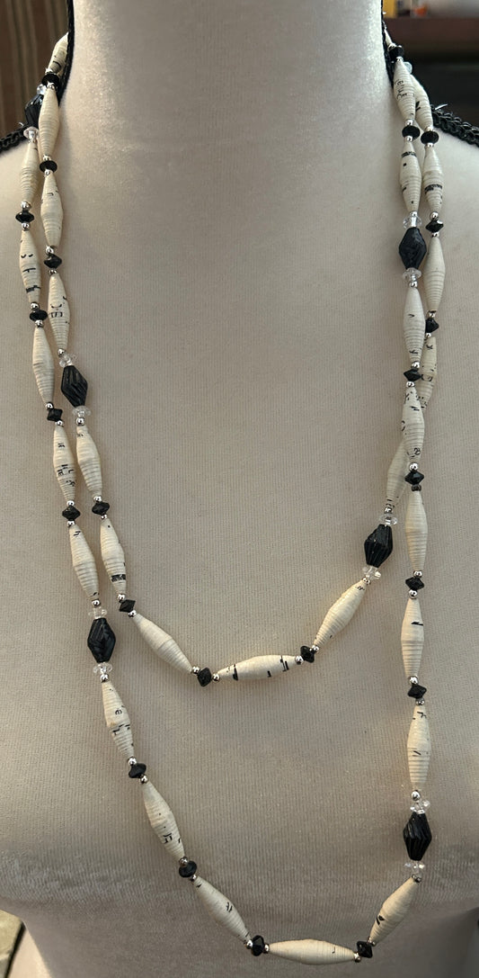 Vintage Black & White Paper Mache Opera Necklace