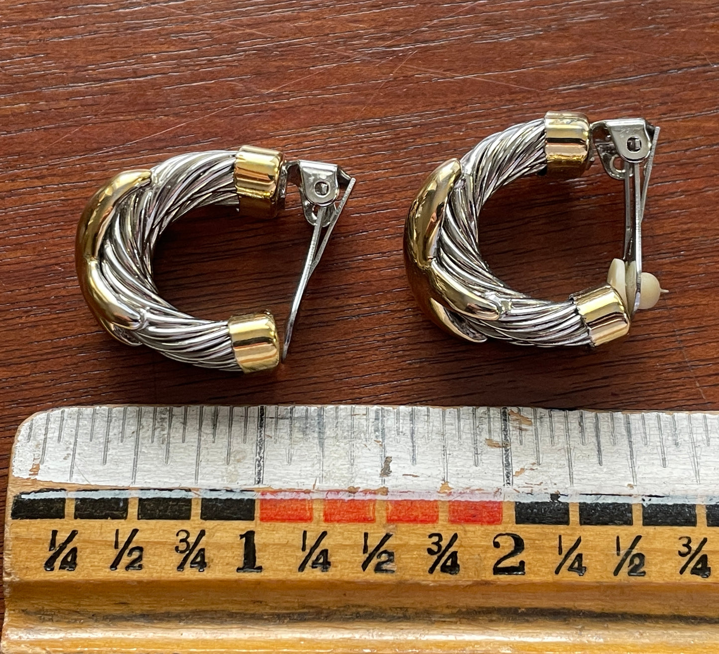 Vintage Gold Silver Tone Two Row X Pattern Crossover Clip On Hoop Earrings