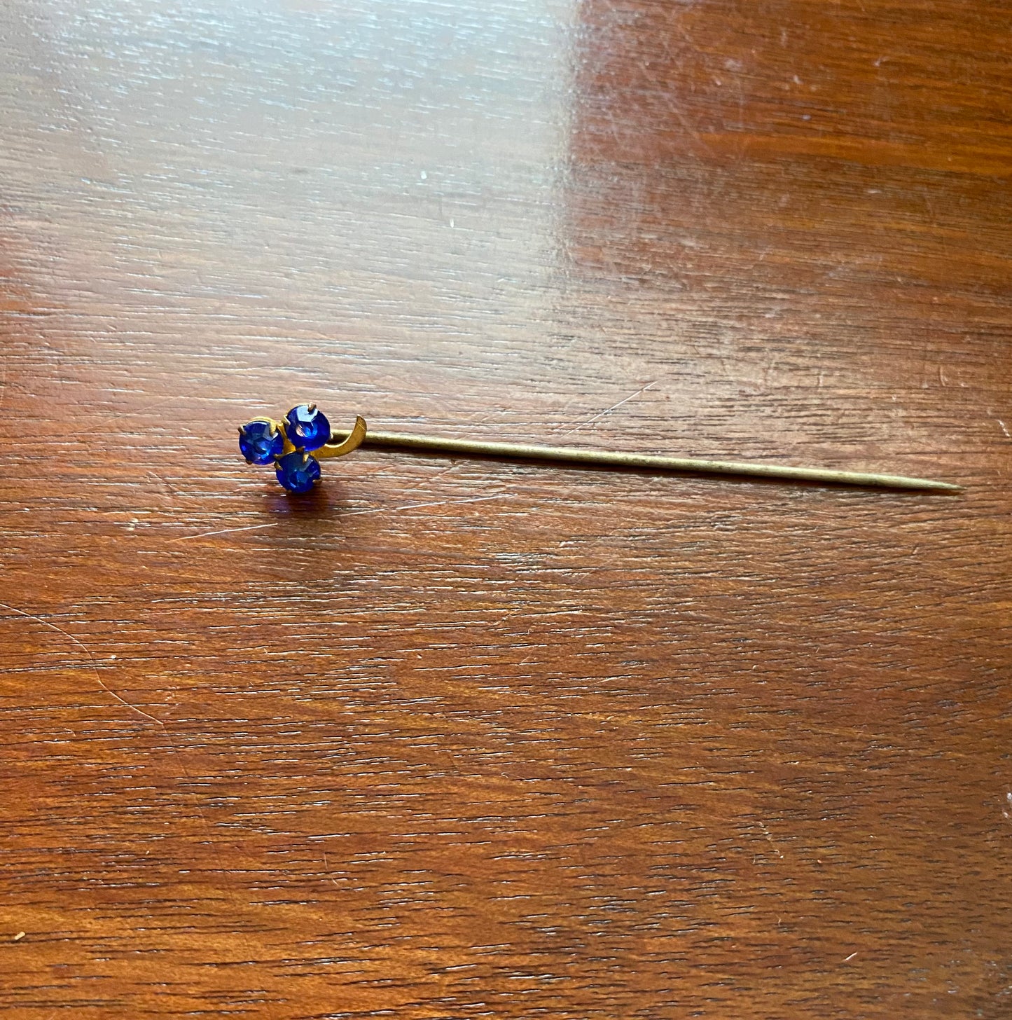 Vintage Blue Rhinestone Clover Hat Pin